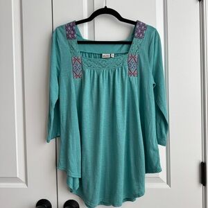 Mudd Boho Teal Embroidered Crochet Peasant Top